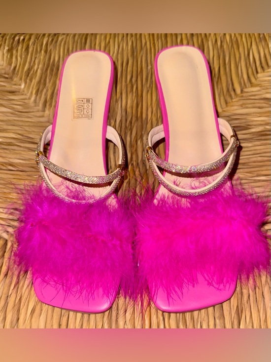 Shoes - Pre-Loved Hot Pink Feather Slide Mules with Glitter Straps